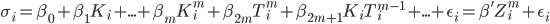 \sigma_i=\beta_0+\beta_1 K_i+...+\beta_m K_i^m+\beta_{2m}T_i^m+\beta_{2m+1}K_iT_i^{m-1}+...+\epsilon_i=\beta^{'}Z_i^m+\epsilon_i