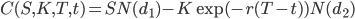 C(S,K,T,t)=SN(d_1)-K\exp(-r(T-t))N(d_2)