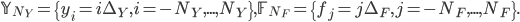 \mathbb{Y}_{N_Y}=\{y_i=i\Delta_Y,i=-N_Y,...,N_Y\}, \mathbb{F}_{N_F}=\{f_j=j\Delta_F,j=-N_F,...,N_F\}.