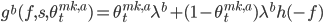 g^b(f,s,\theta^{mk,a}_t)=\theta^{mk,a}_t \lambda^b+(1-\theta^{mk,a}_t) \lambda^b h(-f)
