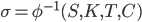 \sigma=\phi^{-1}(S,K,T,C)