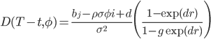 D(T-t,\phi)=\frac{b_j-\rho\sigma\phi i+d}{\sigma^2}\Bigg(\frac{1-\exp(dr)}{1-g\exp(dr)}\Bigg)