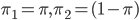 \pi_1=\pi, \pi_2=(1-\pi)