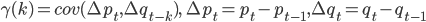 \gamma(k)=cov(\Delta p_t,\Delta q_{t-k}), \;\Delta p_t=p_t-p_{t-1}, \Delta q_t=q_t-q_{t-1}