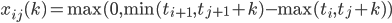 x_{ij}(k)=\max(0,\min(t_{i+1},t_{j+1}+k)-\max(t_i,t_j+k))
