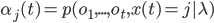 \alpha_j(t)=p(o_1,...,o_t,x(t)=j|\lambda)