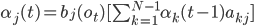 \alpha_j(t)=b_j(o_t)[\sum_{k=1}^{N-1}\alpha_k(t-1)a_{kj}]